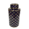 Outlet 🌟 Kingston Living 15.75" Navy Blue and Gold Cylindrical Ceramic Decorative Jar with Lid 😀