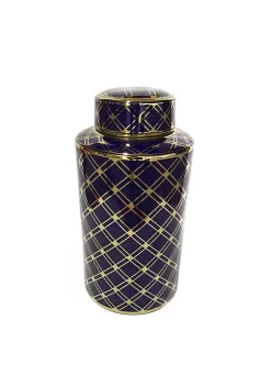 Outlet 🌟 Kingston Living 15.75" Navy Blue and Gold Cylindrical Ceramic Decorative Jar with Lid 😀