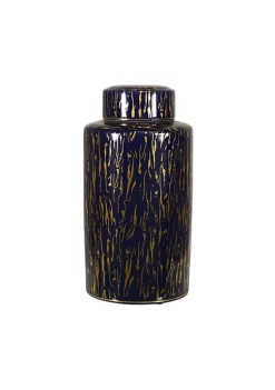 Best Pirce 🔥 Kingston Living 15.75" Navy Blue and Gold Lines Ceramic Jar with Lid 🥰