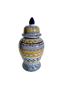 Discount 𧨠Kingston Living 14" Blue and Yellow Decorative Temple Jar with Lid π