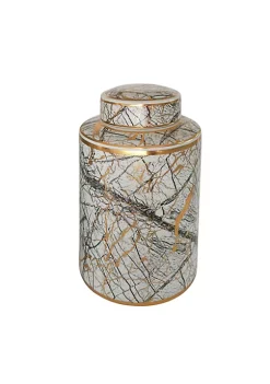 Flash Sale ❤️ Kingston Living 11.75" White and Gold Abstract Ceramic Jar with Lid 👍