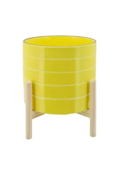 Promo 😀 Kingston Living 10" Yellow Ceramic Striped Decorative Planter with Stand ⌛ -Kingston Living Shop Belk 800