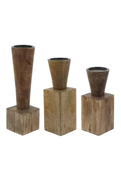 New 💯 Kingston Living 11" Brown Mango Wood Geometric Pillar Candle Holder 🧨 -Kingston Living Shop Belk 885