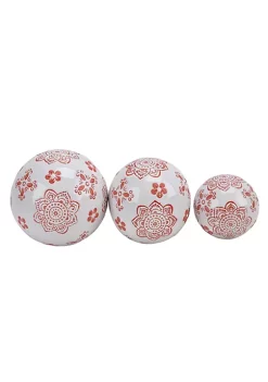 Buy 🛒 Kingston Living Set of 3 White and Red Lotus Ceramic Spherical Orbs Tabletop Decor 6" 😀 -Kingston Living Shop Belk 939