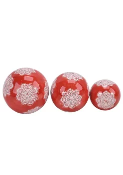 Deals ⭐ Kingston Living Set of 3 Red and White Lotus Ceramic Spherical Orbs Tabletop Decor 6" 😍 -Kingston Living Shop Belk 992